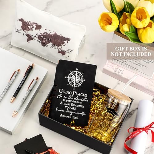 Domensi 6 Pcs Class of 2026 Graduation Gift for Her 16oz Glass Cup Makeup Bag Compass Journal Ballpoint Pens Inspirational Graduation Gift Set for College High School Daughter Sister Friend(Black) - Image 4