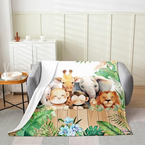 Erosebridal Lion Monkey Flannel Blanket 40x50 Inch Giraffe Elephant Fleece Blanket Bird Board Palm Leaves Fuzzy Plush Throw Kawaii Wildlife Plants Living Room Decor - Image 2