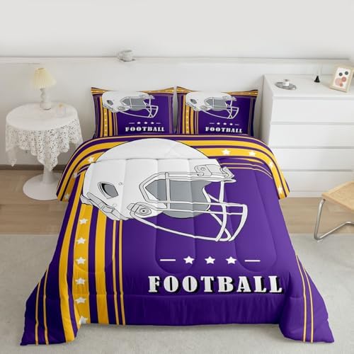 Erosebridal Football Gifts Bedding Comforter Sets for Sports Lovers Fans Presents, Football Bedding for Kids Boys Teens Purple Yellow Striped Lines Stars Comforter Full - Image 3