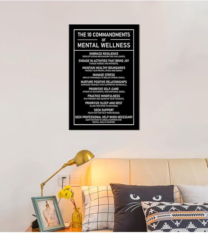 The 10 Commandments Of Mental Wellness Motivational Canvas Poster Healthy Growth Wall Art Prints Artwork for Office Living Room Modern Home Decor Painting Pictures Stretched and Framed[12''Wx 18''H]