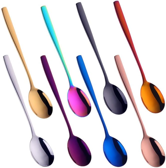 Metal Round Spoons, 8 inch Stainless Steel Reusable Long Handle Korean Soup Spoons, Table Dinner Desert Spoon Set of 8