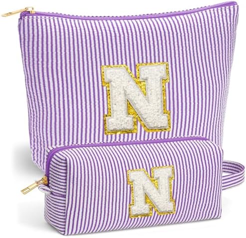 Initial Travel Toiletry Bag for Women - Travel Essentials, Travel Makeup Bag Small Cosmetic Make up Bag Cute Stuff Birthday Gifts for Women Mom Girlfriend Teacher, Purple Letter N by Fohufo