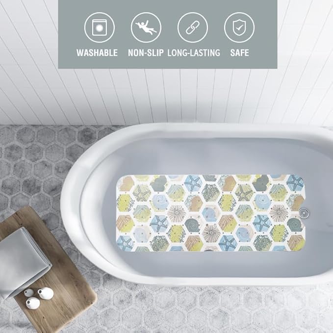 Starfish Bathtub Mat Non Slip for Kids 40x16in Extra Long Anti Slip Geometry Bath Mat for Tub Abstract Bath Shower Mat with Large Drain Holes and Suction Cups Quality Honeycomb Design Bathroom Decor