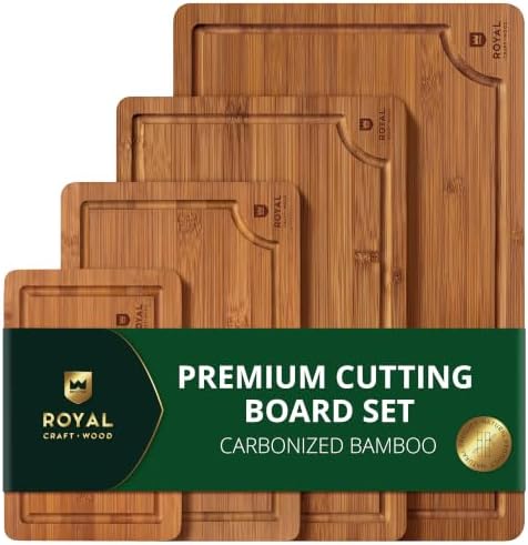 ROYAL CRAFT WOOD Wooden Cutting Boards for Kitchen Meal Prep & Serving - Bamboo Non Toxic Cutting Board Set with Deep Juice Groove Side Handles - Charcuterie & Chopping Butcher Block for Meat (4 Pcs) by ROYALCRAFTWOOD