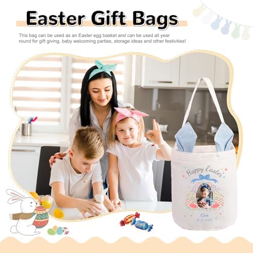 Personalized Bunny Ears Bucket Bag with Custom Name Photo-Easter Bag with Handle-Soft Egg Basket for Kids -Customized Easter Basket-Great for Carrying Gift Easter Eggs (Blue-Photo) - Image 3