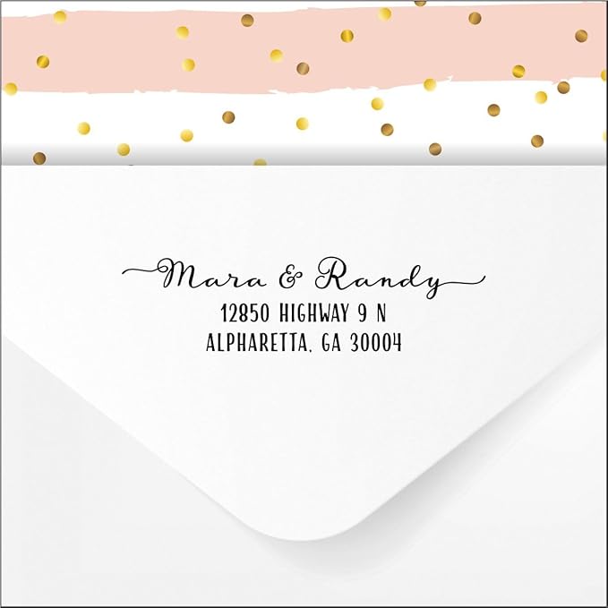 Return Address Stamp - Custom Personalized Self Inking Rubber Stamper, pre Inked with Black Ink - Delightful Calligraphy with Tails - for Wedding Invitation Envelope