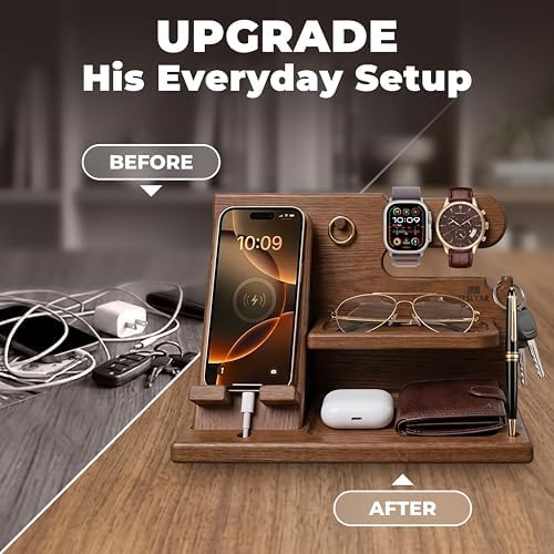 TESLYAR Wood Phone Docking Station for Men - Desk or Nightstand Organizer - Birthday Gifts for Husband or Dad - Anniversary Idea from Wife - Key Holder, Stand Wallet, Watch & Essentials (Earth Beige) - Image 3
