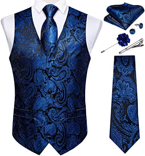 DiBanGu Mens Vest and Tie Set Formal Paisley Waistcoat and Necktie Pocket Square Cufflinks Silk Suit Vest for Tuxedo Wedding by DiBanGu