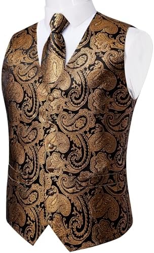 DiBanGu Mens Vest and Tie Set Formal Paisley Waistcoat and Necktie Pocket Square Cufflinks Silk Suit Vest for Tuxedo Wedding - Image 2