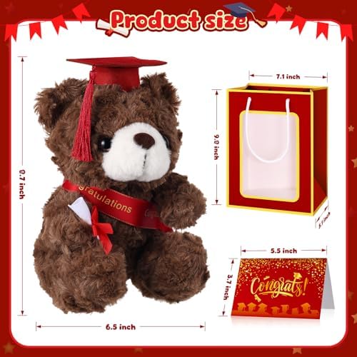 Bear with Graduation Cap Toys Class of 2026 Plush Stuffed Teddy Bear Animal Dog Cap and Gown with Greeting Card and Bag for Graduation Day Gift(Red B) - Image 2