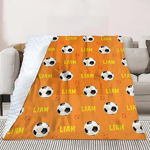 Custom Soccer Blanket - Personalized Name with Soccer Patterns - Soft Plush Flannel Blanket with Double Layer Dotted Backing for Baby Toddler Kids Teen Boys Girls Gifts Orange - Image 4