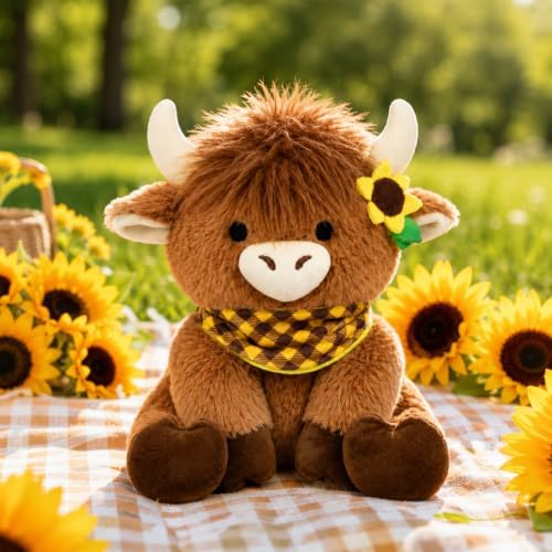Sunflower Highland Cow Plush- Cow Stuffy Checkered Handkerchief Decor - Image 2