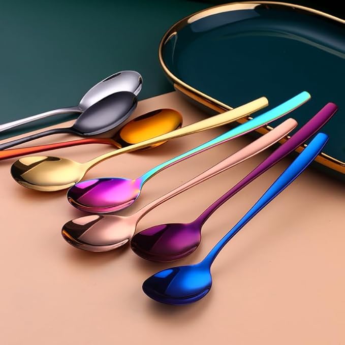 Metal Round Spoons, 8 inch Stainless Steel Reusable Long Handle Korean Soup Spoons, Table Dinner Desert Spoon Set of 8