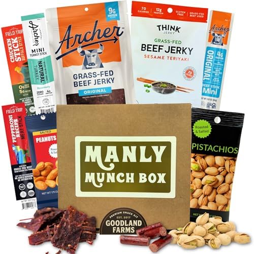 Manly Munch Box Jerky Gift Box – High Protein Beef & Turkey Jerky Variety Pack, Snack Gift for Men, Dad, Husband, Grandpa or Boyfriend – Savory Snack Gift Set for Him by GoodlandFarms