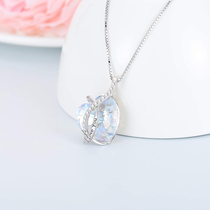 AOBOCO I Love You Sterling Silver 12 Birthstone Heart Pendant Necklace Embellished with Crystals from Austria, Mother's Day Anniversary Birthday Jewelry Christmas Gifts for Women Grandma Nana