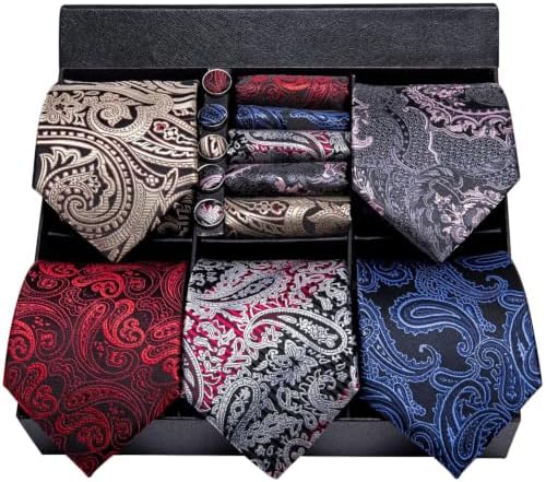 Hi-Tie Lot 5 Pcs Gift Box Mens Tie Set Necktie with Pocket Square Cufflinks Silk Neck Tie Collection by Hi-Tie