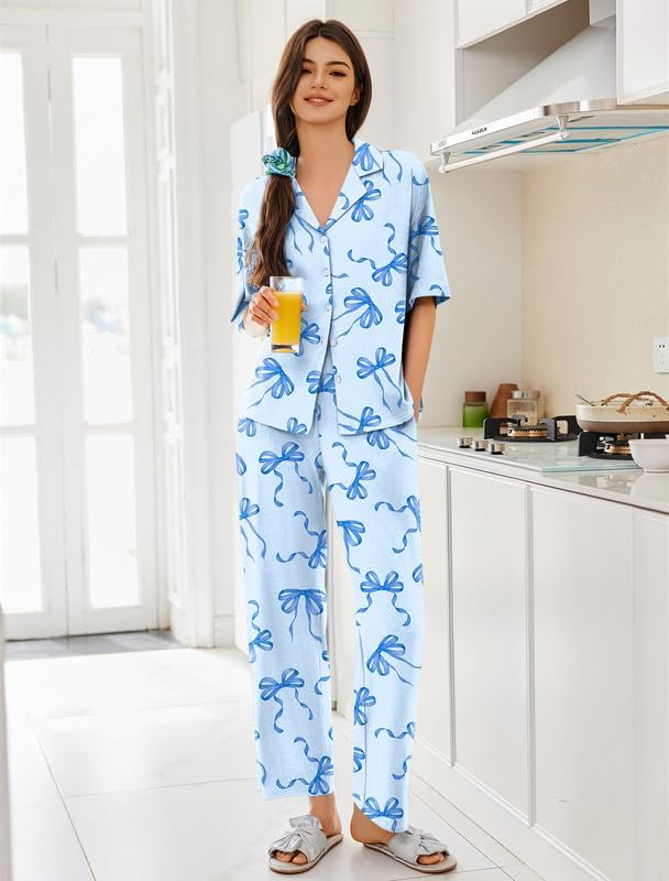 Ekouaer Women Pajamas Set Button Down Sleepwear Short Sleeve Pjs Long Pants - Image 3
