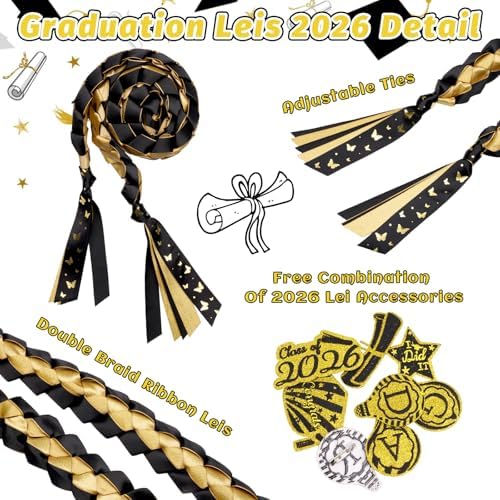 Class of 2026 Graduation Leis,Black&Gold Ribbon Lei Set with Handmade Accessory,Graduation Gift for Her Him - Image 4