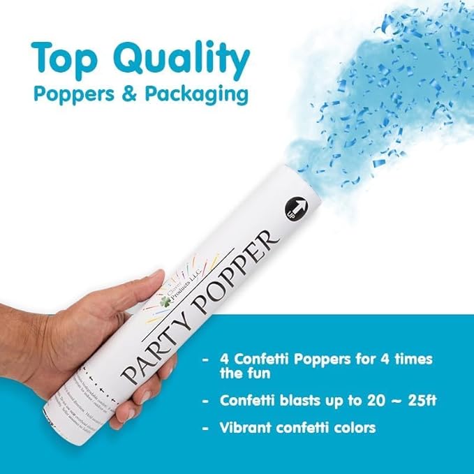 Clover Products Gender Reveal Cannons – 4 Pack (2 Blue & 2 Pink) | 12-Inch Confetti & Powder Poppers | Air-Powered, Biodegradable | Free Balloons Included