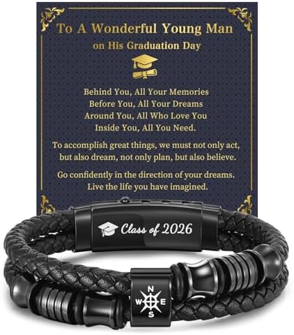 Graduation Gifts for Men Him Class of 2026 - High School College Master Leather Bracelets Adjustable Braided Leather Compass Bracelets Inspirational Graduate Gift for Men Son Boyfriend Brother Huaband by TempBeau