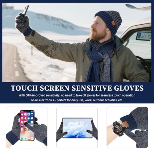 Winter Beanie Hats Long Neck Scarf for Men and Touchscreen Gloves 3PCS Set - Image 4