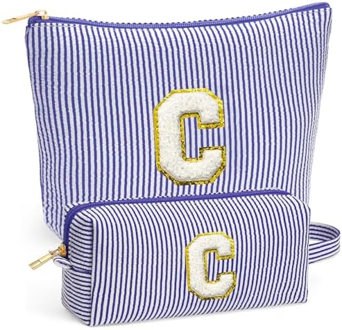 Initial Makeup Kit - Cosmetic Bags for Women, Make up Bag Set Portable Travel Toiletry Bag with Zipper, Cute Blue Stuff Birthday Gifts for Women Mom Girlfriend, Blue Letter C by Fohufo