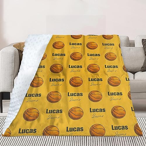 Custom Basketball Blanket - Personalized Name with Basketball Patterns - Soft Plush Flannel Blanket with Double Layer Dotted Backing for Baby Toddler Kids Teen Boys Girls Gifts Yellow - Image 4