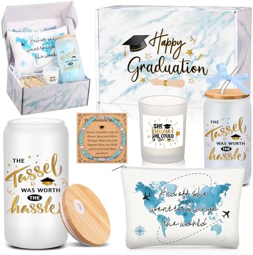 Potchen 7 Pcs Graduation Gifts for Girl Her Class of 2026 College High Graduation Gifts Box Set with 16oz Glass Cup Cosmetic Bag Bracelet Scented Candle with Box for Women Daughter Friend(Blue) by Potchen