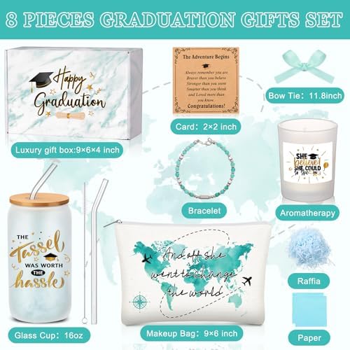Potchen 7 Pcs Graduation Gifts for Girl Her Class of 2026 College High Graduation Gifts Box Set with 16oz Glass Cup Cosmetic Bag Bracelet Scented Candle with Box for Women Daughter Friend(Green) - Image 4