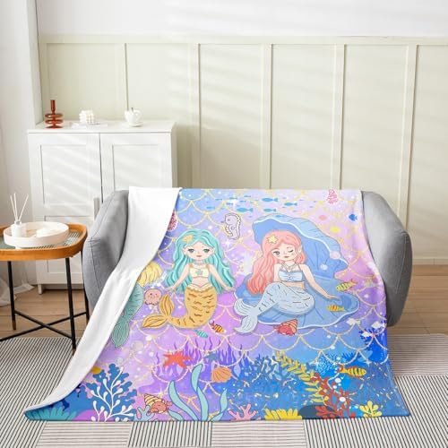 Erosebridal Mermaid Flannel Blanket Baby 30x40 Inch Fish Scales Fleece Blanket Underwater Coral Sequins Seahorse Fuzzy Plush Throw Octopus Crab Shell Seaweed Living Room Decor - Image 2
