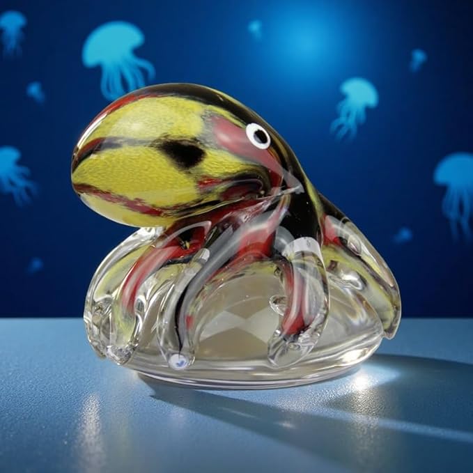 Hand Blown Art Glass Octopus Figurine on Crystal Bubble Ball | Handmade Sea Creature Collectible, Ocean Theme Desk Paperweight & Aquarium Decor