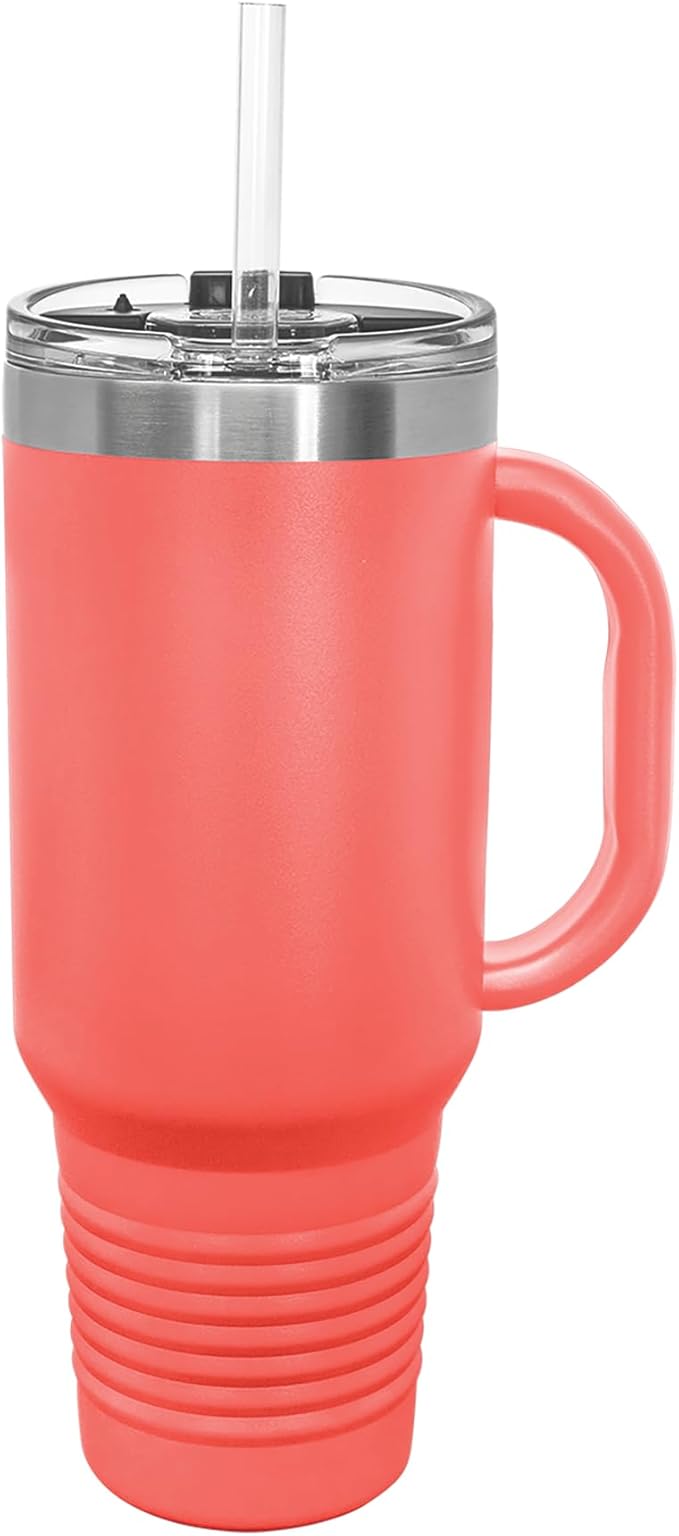 LaserGram 40oz Vacuum Insulated Travel Mug with Handle, Bronco Rider, Personalized Engraving Included (Coral)