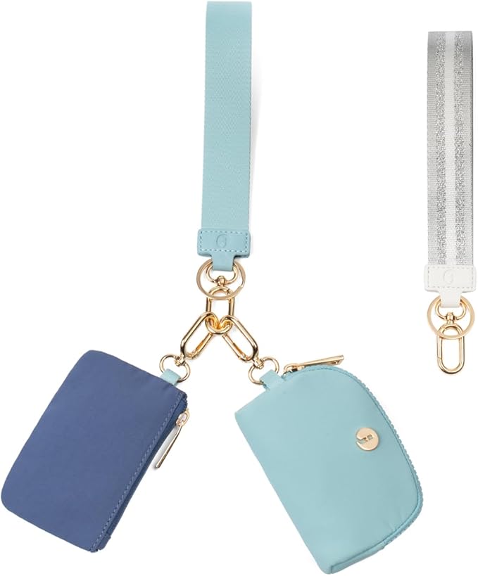 Dual Pouch Wristlet Keychain Wallet with 2 Wrist Straps - Small and Portable Mini Zipper Coin Purse Card Wallets for Women Men Gold Hardware Navy+Ice Blue