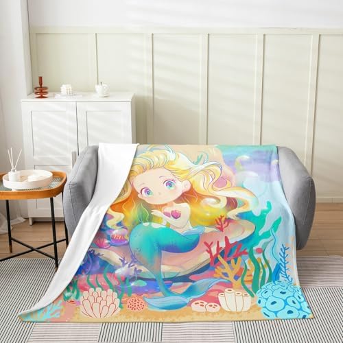 Erosebridal Mermaid Flannel Blanket Twin 60x80 Inch Rainbow Fleece Blanket Bubble Underwater Coral Fuzzy Plush Throw Fish Tail Shell Seaweed Living Room Decor - Image 2