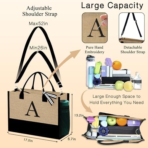 YOOLIFE Personalized Gifts for Women, Initial Jute Tote Bag & 2 Makeup Bags - Image 2