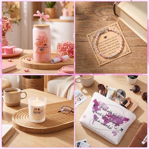 Potchen 7 Pcs Graduation Gifts for Girl Her Class of 2026 College High Graduation Gifts Box Set with 16oz Glass Cup Cosmetic Bag Bracelet Scented Candle with Box for Women Daughter Friend(Pink Purple) - Image 4