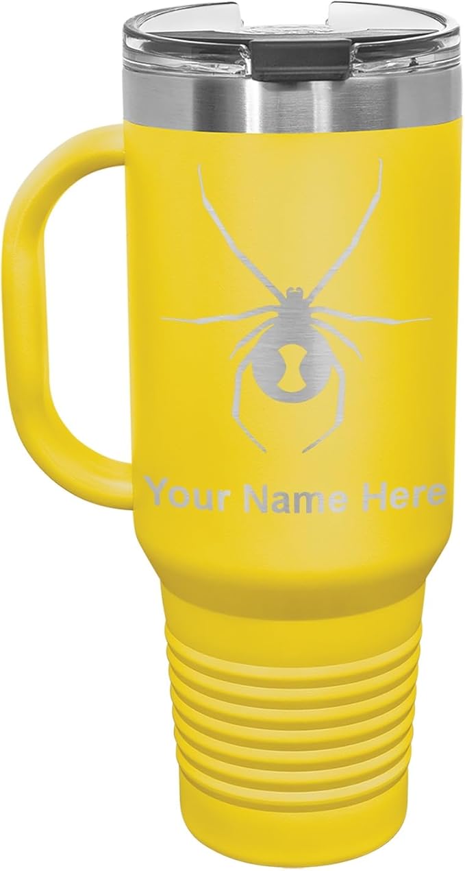 LaserGram 40oz Vacuum Insulated Travel Mug with Handle, Black Widow Spider, Personalized Engraving Included (Yellow)