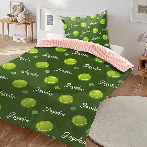 Custom Tennis Blanket - Personalized Name with Tennis Patterns - Soft Plush Flannel Blanket with Double Layer Dotted Backing for Baby Toddler Kids Teen Boys Girls Gifts Green - Image 3