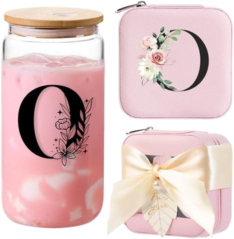 AYGXU Travel Jewelry Case for Women Girls, Organizer Box, 16oz Glass Cups With Bamboo Lids, Aesthetic Cup, Essentials, Initial O Pink by AYGXU