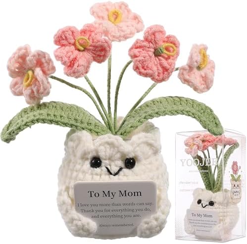 Crochet Forget Me Not Gift for Mom – Mothers Day Gifts from Daughter Son, Handmade Pink Flower Pot with Card “to My Mom”, Cute Desk Decor, Ready-to-Gift with Clear Box by YOOJEE