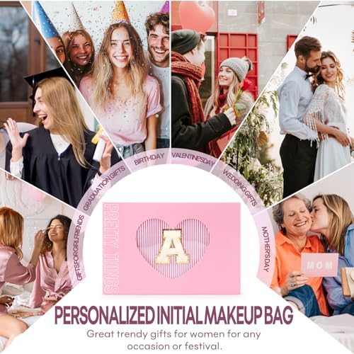 mibasies 2 PCS Initial Makeup Bags for Women: Cosmetic Bag for Travel Toiletry - Birthday Gifts for 11 12 13 14 15 16 17 18 Years Old Girl Graduation - Teen Girl Gifts Trendy Stuff - Pink A - Image 6