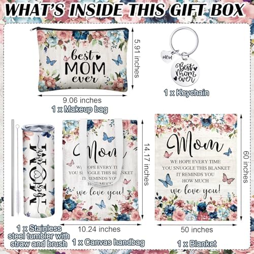 Geiserailie 5 Pcs Mother's Gift Set for Mom Include Colorful Butterfly Flower Blanket 20oz Stainless Steel Tumbler with Straw and Brush Best Mom Ever Makeup Bag Keychain for Mother from Daughter Son - Image 3