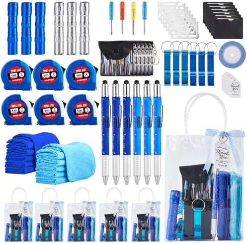 60PCS Baby Shower Prizes for Men 6 Set with Cleaning Cloth Bottle Opener Screwdriver Tape Measuring Keychain Multi Tool Pen Gift Bag Baby Shower Game Prizes for Winner Bachelor Party (Blue) by WishFond