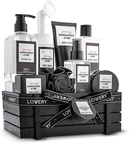 Birthday Gifts Spa Kit for Men - Sandalwood and Oak Scented Bath Gift Set and Shower Gift Basket With Face Wash & Brush, Shower Gel, Bubble Bath, Body Lotion, Body Mist, Handmade Soap, Salts & Puff by LOVERY