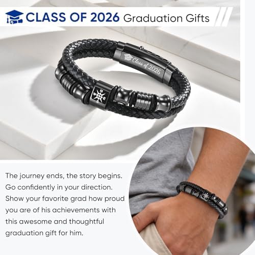 Graduation Gifts for Men Him Class of 2026 - High School College Master Leather Bracelets Adjustable Braided Leather Compass Bracelets Inspirational Graduate Gift for Men Son Boyfriend Brother Huaband - Image 5