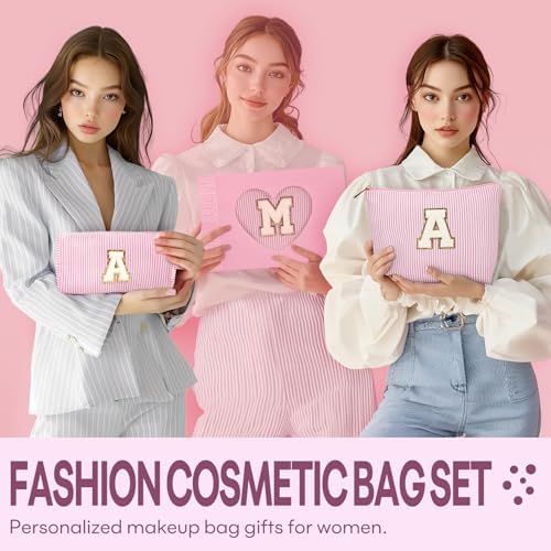 2 PCS Initial Makeup Bags for Women: Cosmetic Bag for Travel Toiletry - Birthday Gifts for 11 12 13 14 15 16 17 18 Years Old Girl Graduation Teacher Gift- Teen Girl Gifts Trendy Stuff - Light Pink A - Image 2