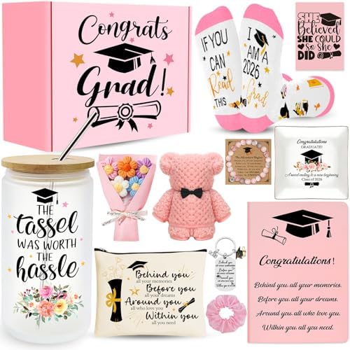 12 Pieces 2026 Graduation Gift Box Set, Class of 2026 Graduation Gift Basket with 16 Oz Glass, Socks, Bear Towel, Journal Notebook, Makeup Bag, Bracelet, Keychain for High School College Gifts by JTAMOHI