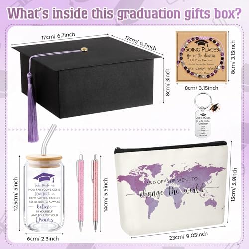 Vesici 8 Pcs Class of 2026 Graduation Gift Box Set for Women Her Grad Cap Box Glass Cup Makeup Bag Bracelet Pen Keychain College High School Graduation Gift for Daughter Sister Friend(Purple) - Image 2