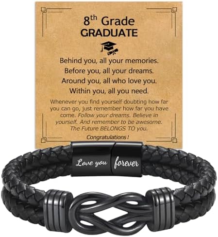 EPIRORA Graduation Gifts Bracelet for Him -Black Braided Leather Infinity Knot Bracelets for Men, Cool Class of 2026 Grad Gifts for 5th Grade | 8th Grade | Middle School | College | Master Degree by EPIRORA
