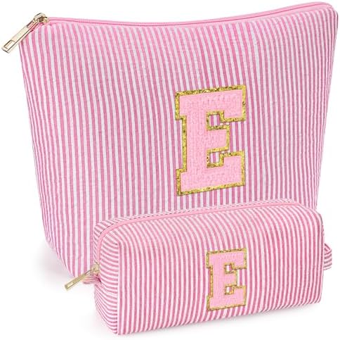 mibasies 2 PCS Initial Makeup Bags for Women: - Birthday Gifts for Teen Girls 11 12 13 14 15 16 Years Old - Preppy Trendy Stuff - Cosmetic Bag for Travel Toiletry - Pink E by mibasies